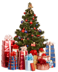 圣诞树和团体礼品盒。