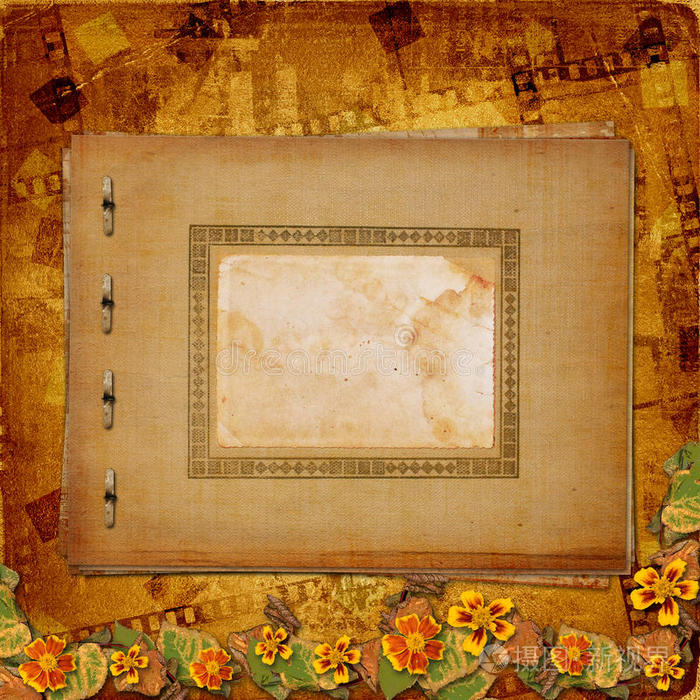 相册与彩绘玫瑰照片复古背景背景上的老格鲁吉专辑抽象背景上的旧纸