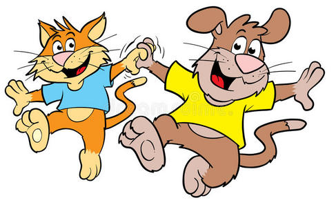 络腮胡可爱的卡通猫和狗跳舞插画