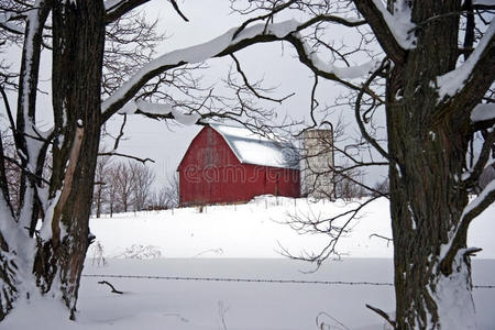 冬天的红色谷仓