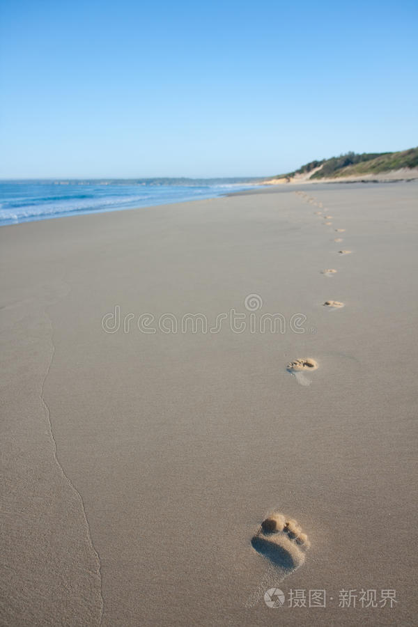 在幽静的风景海滩上独自行走的脚印