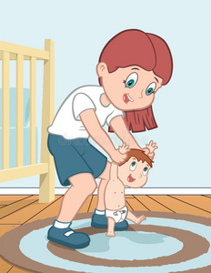 母亲教孩子走路照片