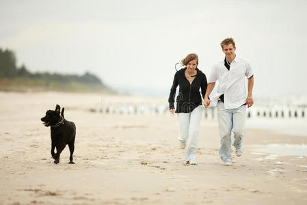 一对年轻夫妇和狗在海滩上玩耍