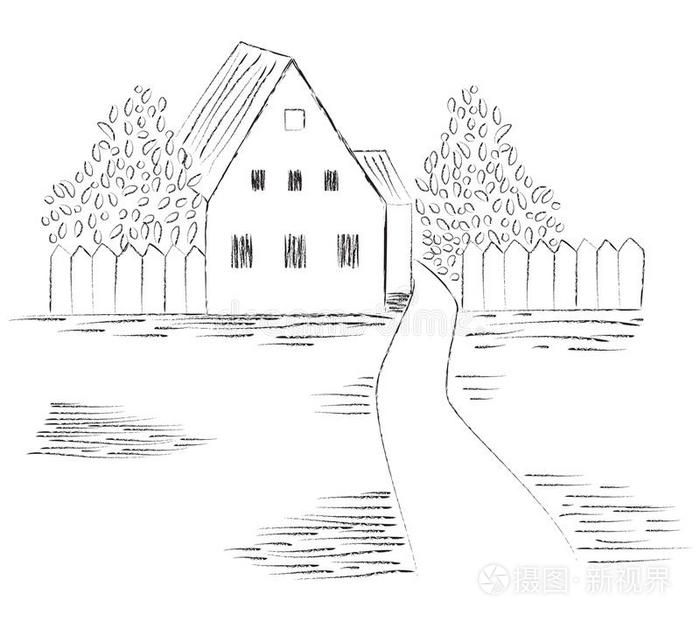 乡村住宅形象素描插画-正版商用图片0j9qv5-摄图新视界