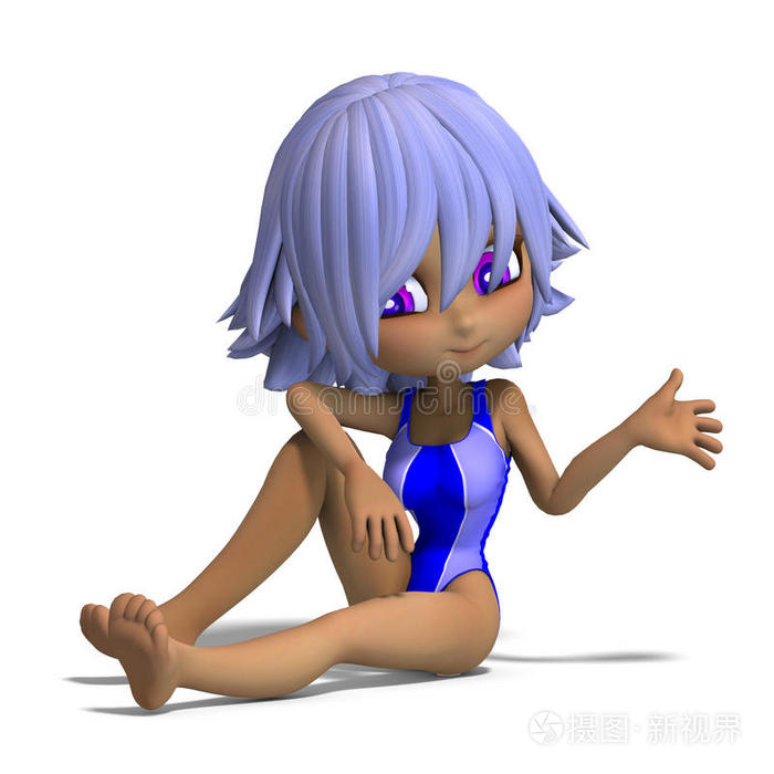 穿着连体泳衣的漂亮卡通女孩三维
