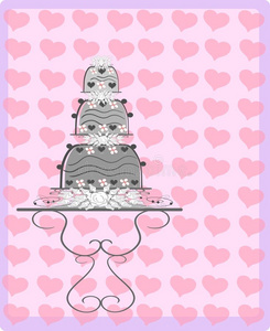 装饰婚礼蛋糕和心的插图