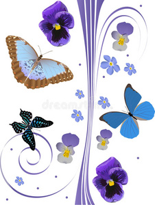 蓝色花朵和树蝴蝶图案