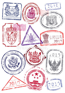 国际护照邮票矢量集。