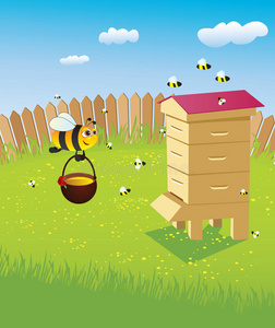 矢量蜂巢和蜜蜂蜜蜂卡通抱花和一个有森林背景的蜂巢两只蜜蜂和蜂巢