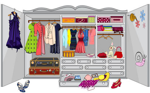 鞋子和家居用品3d 渲染最小阁楼黑木步入式衣帽间衣柜与衣柜里的衣服