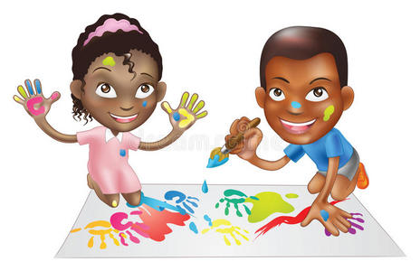 两个孩子在玩颜料
