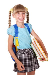 背着书包拿书的女学生。