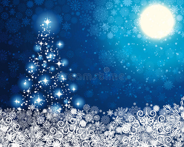 冬天的蓝色背景和圣诞树。