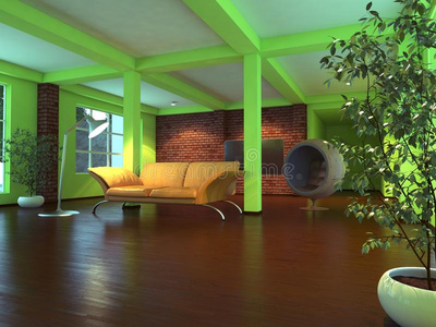 现代空旷室内，橙色沙发