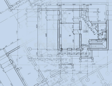 蓝图cad建筑平面图土拨鼠建筑素描技术图纸上的卡尺直尺和铅笔.