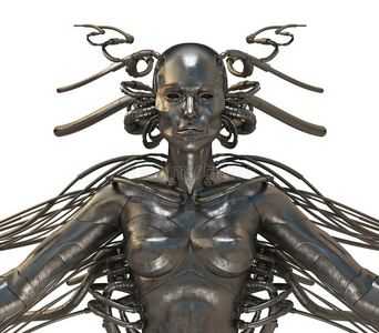 半人被隔离在白人身上的未来主义半机器人女人照片