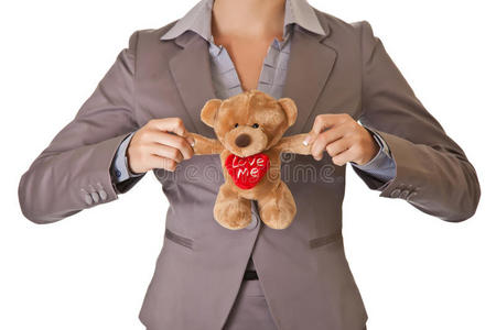 抱着泰迪熊爱情概念的女商人