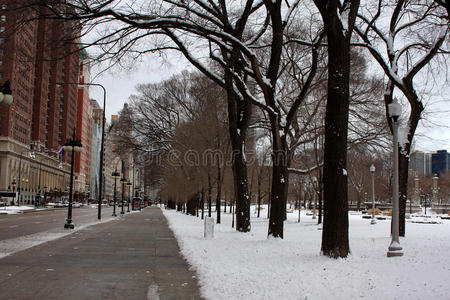 冬天的芝加哥大街上下雪