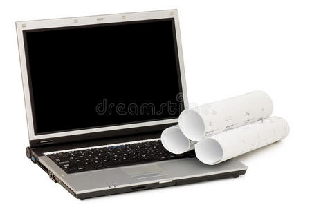 平面图和笔记本电脑隔离在白色背景上