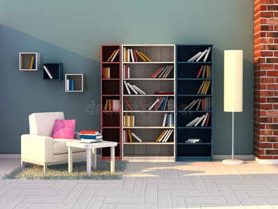 3d渲染书房，现代房