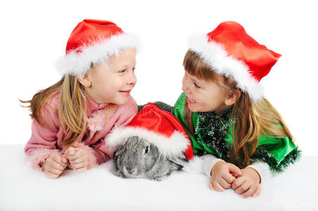 两个戴着圣诞帽的兔子的女孩