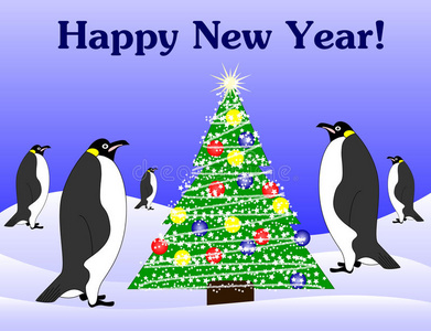新年企鹅和杉树