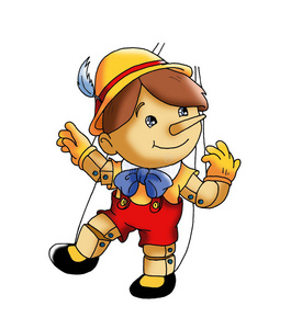 木偶忧心忡忡的人长着鼻子. 骗子概念.