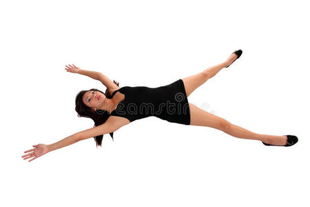 伸胳膊年轻的亚裔美国妇女胳膊和腿伸出来照片