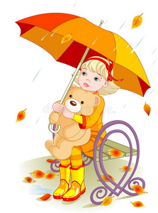 雨中的小女孩和泰迪熊