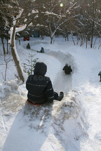 孩子们雪橇下山