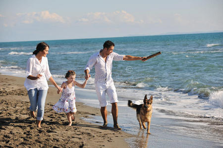 快乐的家庭在沙滩上玩狗