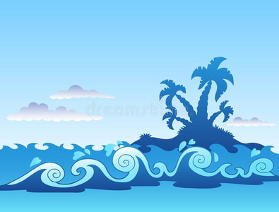 棕榈岛和海浪的海景