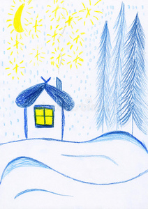 冬天的房子，孩子们画画