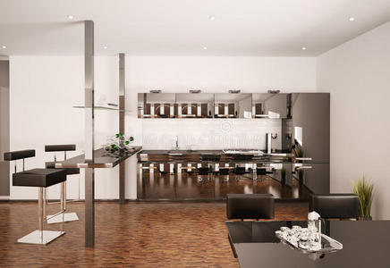 现代厨房内部3d渲染