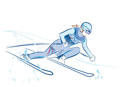 跳得高手绘素描-铅笔插图的滑雪板中间空气跳的人,点,线和连接以形成