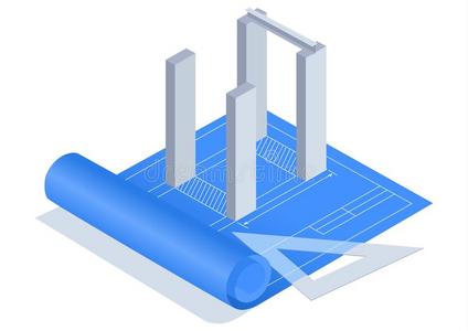 蓝图工程师设计和项目技术图纸上的刻度尺新家屋顶施工建筑平面图蓝图