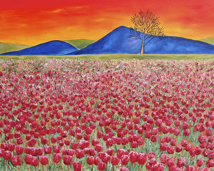夕阳红郁金香田油画艺术