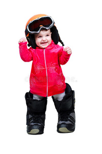 穿着衣服的婴儿戴着护目镜滑雪板