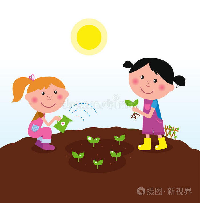 两个快乐的孩子在浇水和种植植物