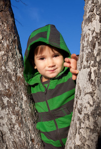 站在树中间的小男孩