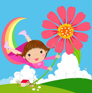 小女孩带着花在天空飞翔
