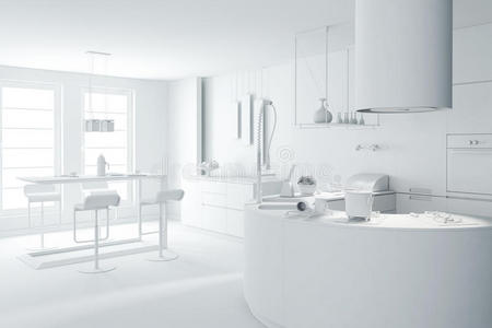 现代厨房的三维白色粘土渲染