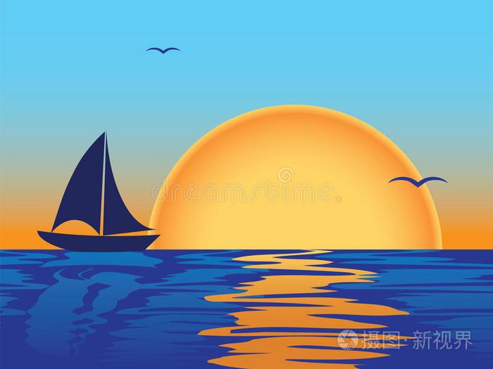 海上日落船影