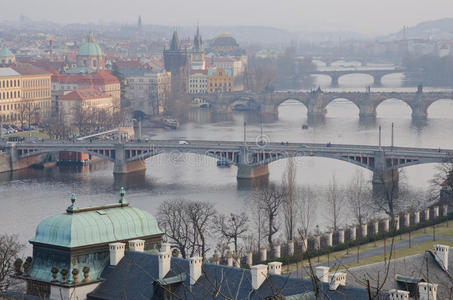 布拉格桥日落景观，捷克共和国
