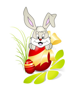 可爱的复活节兔子，有红蛋和金色蝴蝶结