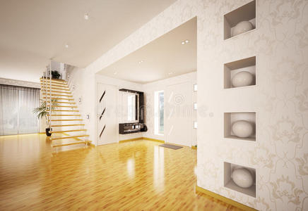 带楼梯3d渲染的现代大厅内部
