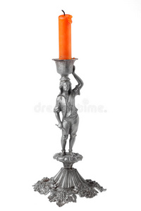 银烛台与橙色蜡烛隔离图片