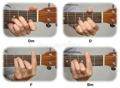 吉他手弹奏吉他和弦dm，d，f，bm