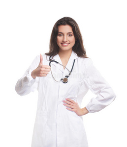 一位穿着白色连衣裙的年轻快乐的女医生