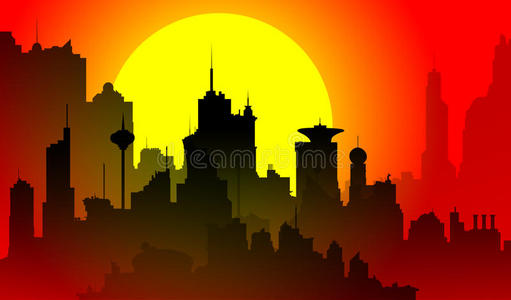 日落时分的市中心城市景观